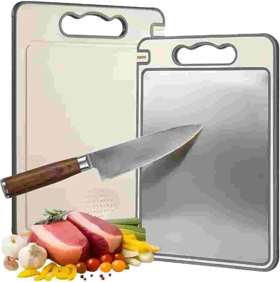 Tábua de Corte Inox para Cozinha Dupla Face + PP | Corte Higiênico para Carnes, Legumes e Frutas | Alça Ergonômica, Afiador Integrado, Borda Protetora | Fácil de Limpar, Uso Diário em Casa e Churrasco