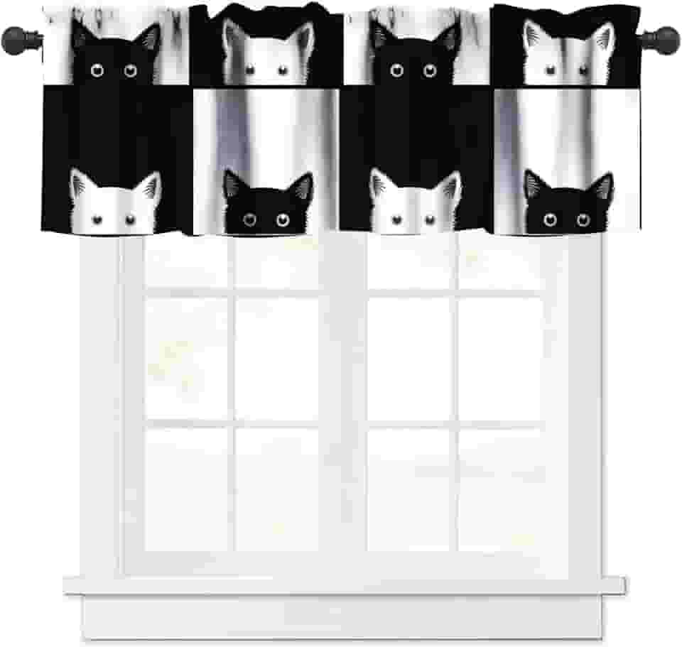 JESTRONRY Cortina xadrez de gatos pretos, gato fofo com xadrez preto e branco, cortinas de tratamento de janela para cozinha, quarto, sala de jantar, decoração com bolso para varão