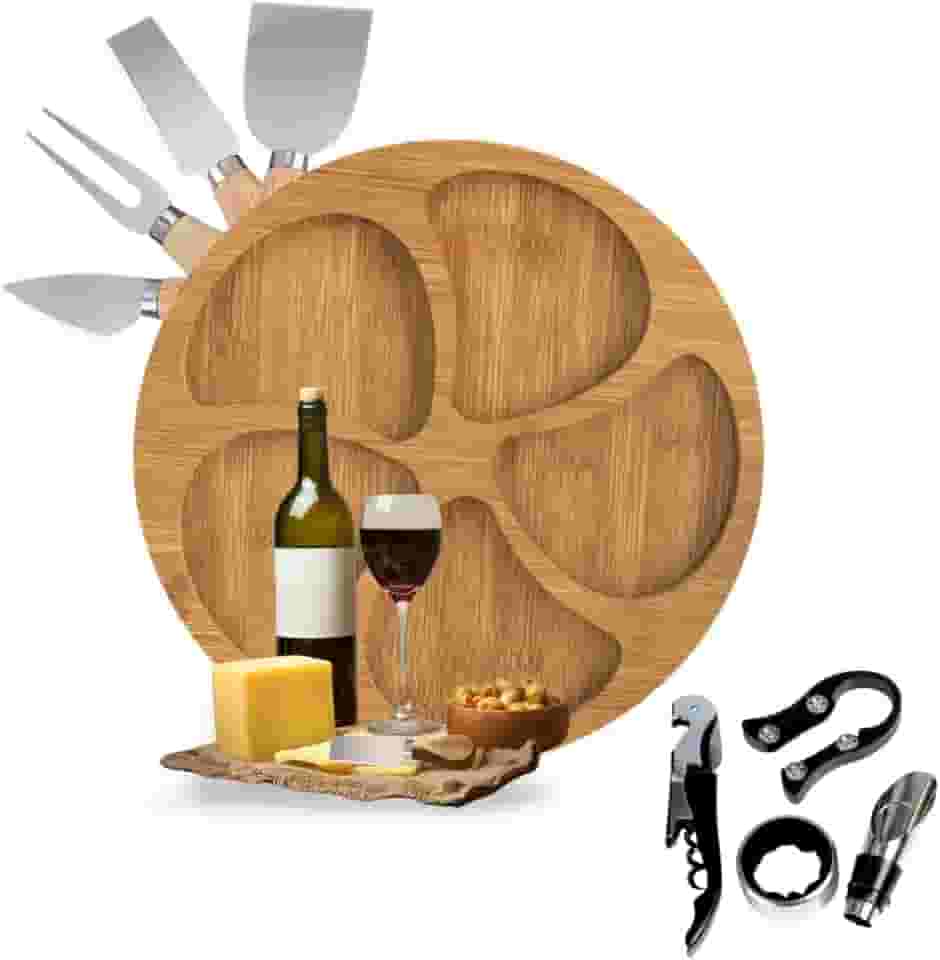 Petisqueira de Madeira/Tabua de Frios + Kit Vinho 4 Peças + 4 Facas P/Queijo