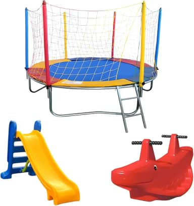 Trampolim Pula Pula Cama Elástica 2,30m + Escorregador Médio 3 Degraus + Gangorra 2 Lugares Infantil