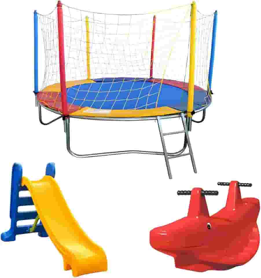 Trampolim Pula Pula Cama Elástica 2,30m + Escorregador Médio 3 Degraus + Gangorra 2 Lugares Infantil