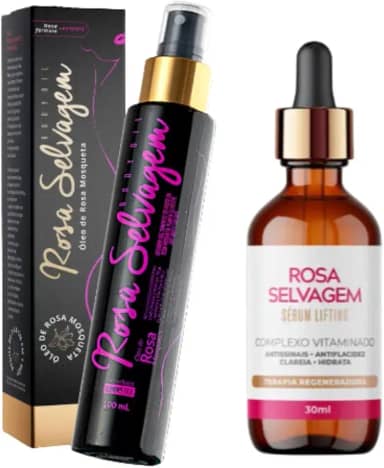 Kit 2 Rosa Selvagem: Óleo Hidratante Clareador Íntimo Corporal Manchas Axila Virilha Foliculite + Sérum Lifting Facial Antirrugas Vegano