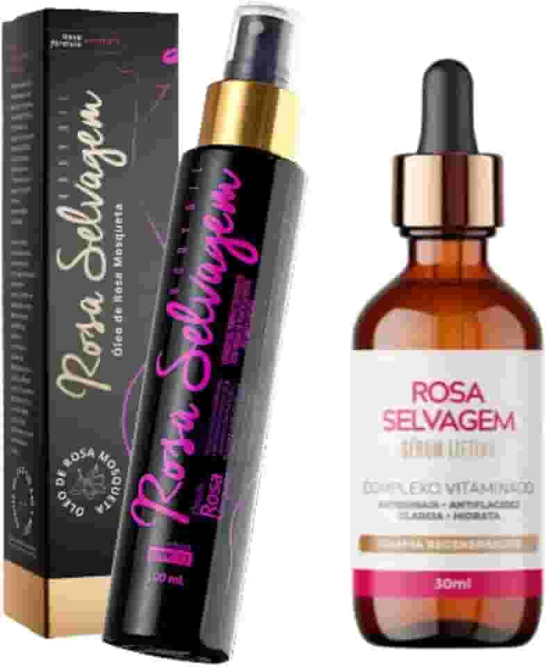 Kit 2 Rosa Selvagem: Óleo Hidratante Clareador Íntimo Corporal Manchas Axila Virilha Foliculite + Sérum Lifting Facial Antirrugas Vegano