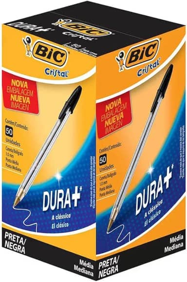Caneta Preta Bic Cristal Dura Mais – Ponta Esferográfica Média de 1.0mm. Escrita Macia e Cor Intensa