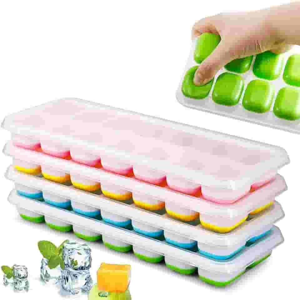 Kit 4 Unidades Forma Com Tampa Gelo Ice Flexivel Forminha Fundo Silicone 14 Cubos Alimentos Frutas Papinha