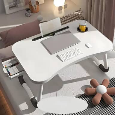 Mesa para Notebook na Cama com Gaveta - Mesa Dobrável Portátil - Suporte para Laptop no Quarto(Off Wihte + Gaveta)