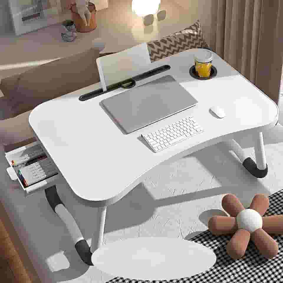 Mesa para Notebook na Cama com Gaveta - Mesa Dobrável Portátil - Suporte para Laptop no Quarto(Off Wihte + Gaveta)
