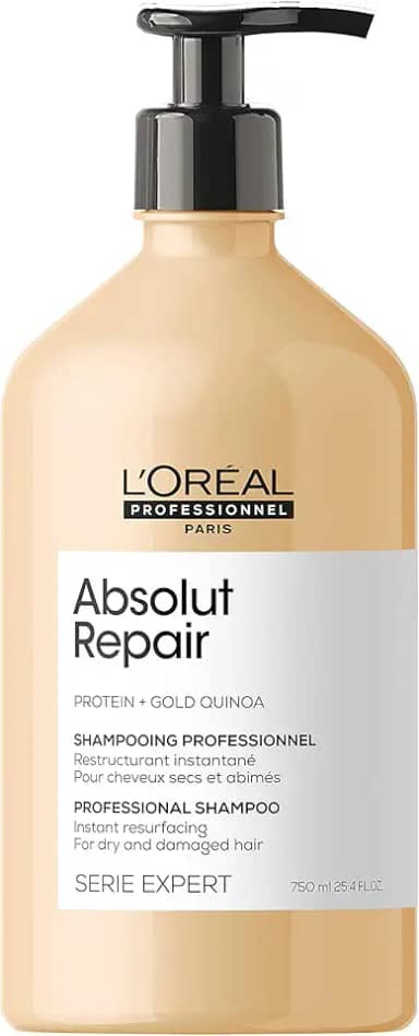 L'Oréal Professionnel Shampoo Absolut Repair, Repara Danos e Promove Brilho, Com Quinoa Dourada & Proteínas, Para cabelos secos e danificados, Toque leve e Macio, 750ml