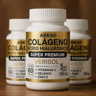Colágeno Verisol® com Ácido Hialurônico 500mg – Arkad Super Premium 5 em 1 – Vitamina C, Zinco, Selênio – Pele, Cabelos, Unhas – Antirrugas e Firmeza – 60 cápsulas