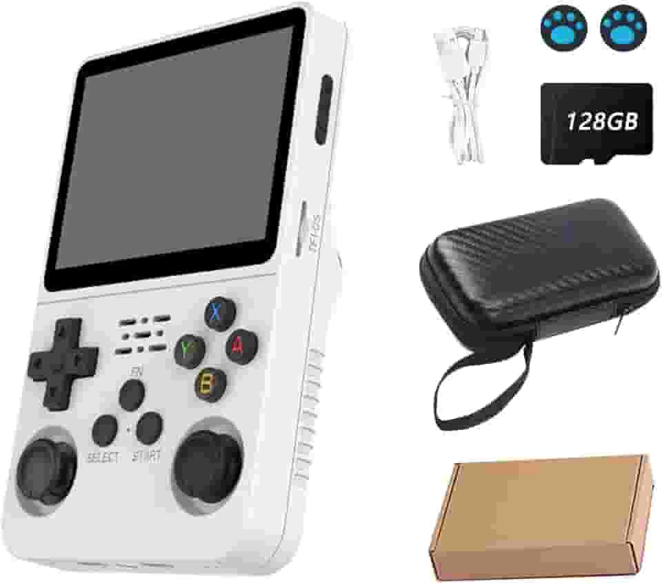 Console de video game portátil R36S Retro de 128 GB,r36s console portatil, mais de 39.000 jogos, Arkos 2.0, tela IPS de 3,5 polegadas,39.000+ jogos,cartão TF 128GB,reprodutor de vídeo de bolso(Branco)