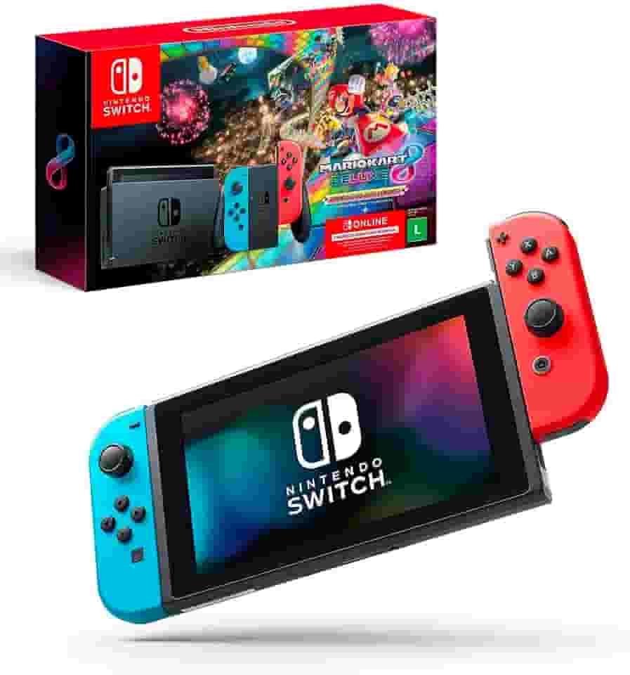 Nintendo, Console, Nintendo Switch, Inclui Mario Kart 8 Deluxe e 3 Meses de Nintendo Switch Online,Portátil e Doméstico, Bateria de até 9 Horas, Joy-Con com Suporte e Alças, Azul Neon e Vermelho Neon