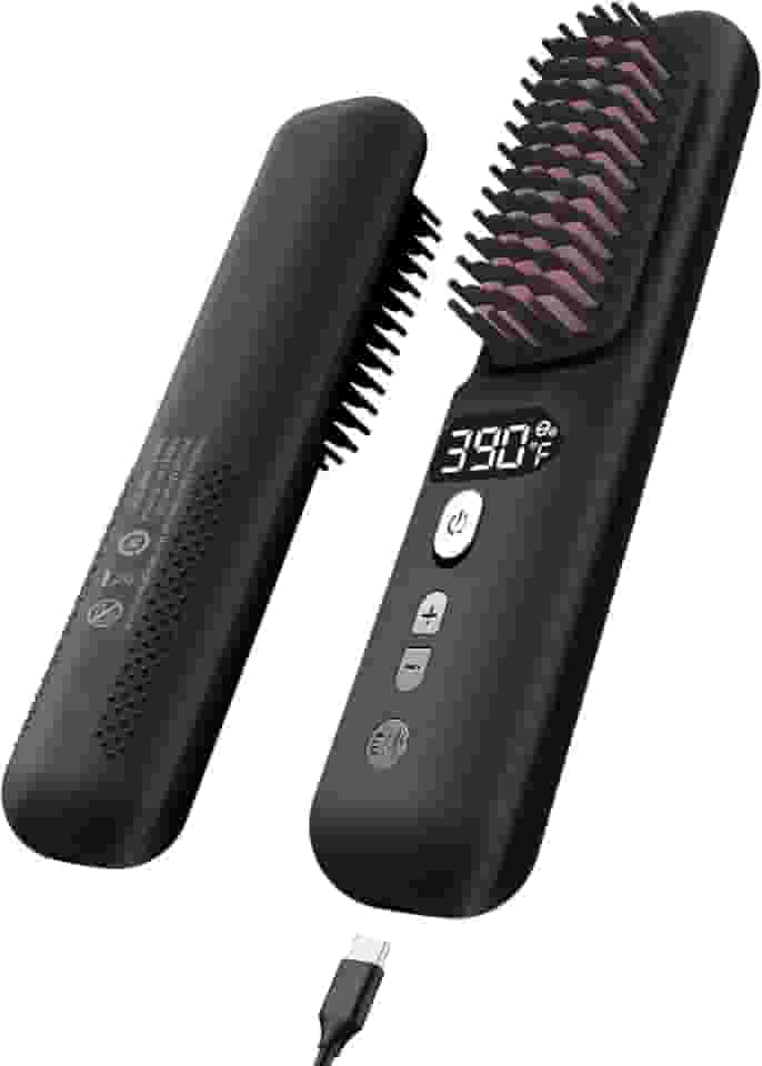 Escova alisadora de cabelo sem fio – Alisador de cabelo portátil para viagens, escova de alisamento sem fio com tela de LED para mulheres, mini escova quente com 9 temperaturas ajustáveis