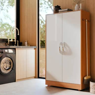 Armário Multiuso de Lavanderia com 2 Portas Multifuncional Design Moderno (Nature- Off)