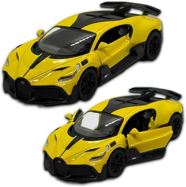 Miniatura de carro Bugatti Divo, Carrinho de ferro, abertura de portas, com fricção, 12,4 CM, Em metal, 1/36, Pneus em borracha, Kinsmart (Amarelo)