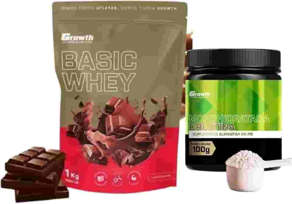 Growth Whey Protein Basic Chocolate 1kg e Creatina 100g (único, Creatina Monohidratada)