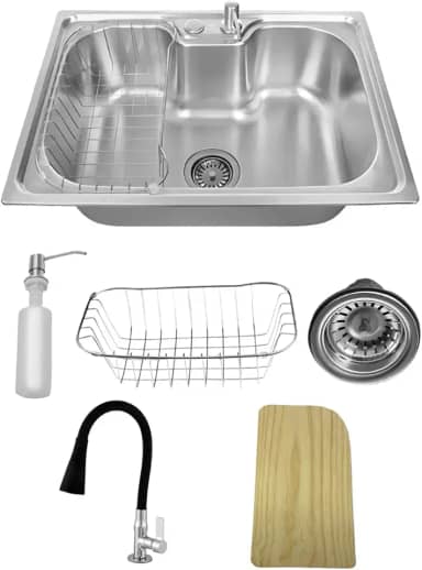 Kit Cuba Gourmet Cozinha Pia Aço Inox 304 60x42cm + Torneira + Acessórios + Tabua