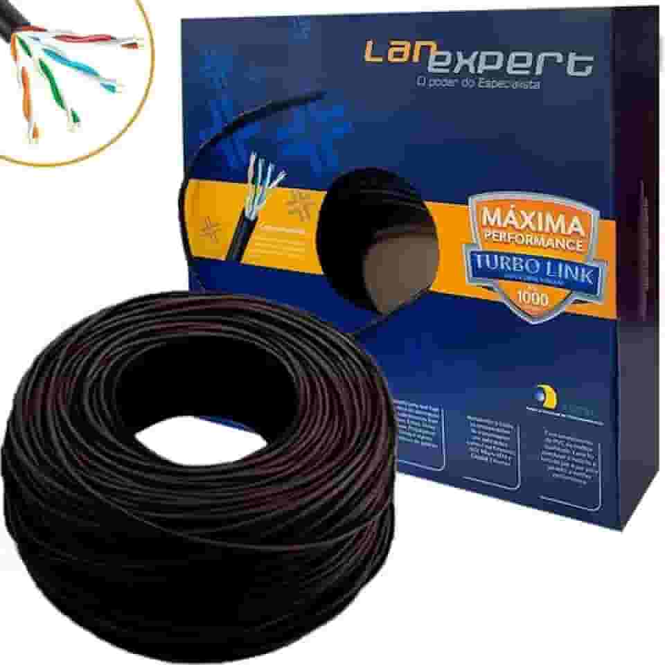 Cabo De Rede 4 Pares Cat5e Preto 100% Cftv Utp RJ45 Trançado Internet 100 Metros Net Rolo Lan Expert