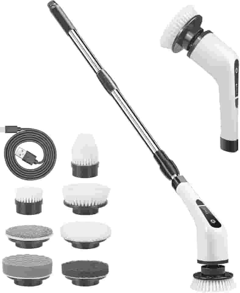 Sokoweii Esfregão giratório elétrico 7 em 1, escova de limpeza sem fio para banheiro com alça de extensão, adequada para limpeza de chuveiro, azulejo, piso - preto