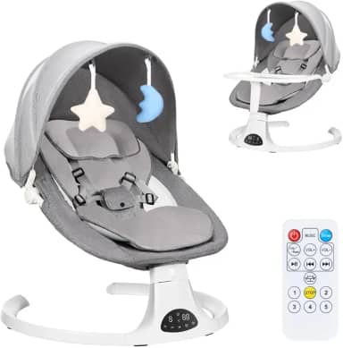Hivento Cadeira de Balanço Elétrica para Bebê, Cadeira Portátil para Recém-Nascidos com Controle Remoto, Cinto de Segurança de 5 Pontos, 5 Velocidades, 3 Configurações de Temporizador, 10 Canções de Ninar, Capacidade Máxima de 15 kg