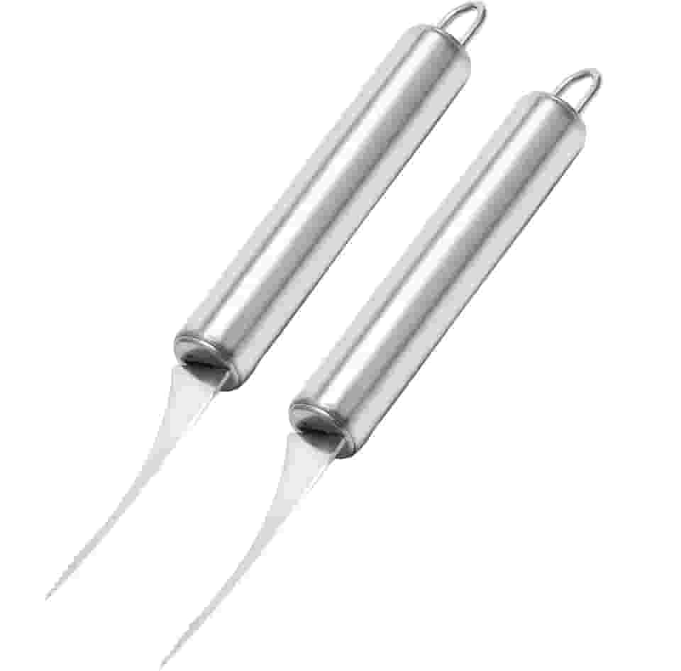 Ferramenta de descascador de camarão - Descascador de camarão de aço inoxidável - Faca de linha de limpeza de camarão com alça e lâmina serrilhada para cozinha, metal, 2 peças