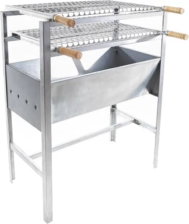 Churrasqueira Portatil de Aço Grande Com 2 Grelhas Inox Moeda Cabo de Madeira