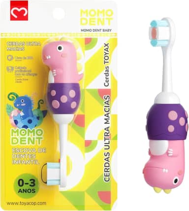 MOMODENT Escova de Dentes Infantil para 0-3 Anos, Bebe 1 Unidade, Dinossauro, Cabo de Silicone Macio, Cabeça Macia, Limpeza Suave