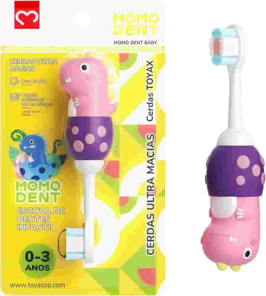 MOMODENT Escova de Dentes Infantil para 0-3 Anos, Bebe 1 Unidade, Dinossauro, Cabo de Silicone Macio, Cabeça Macia, Limpeza Suave