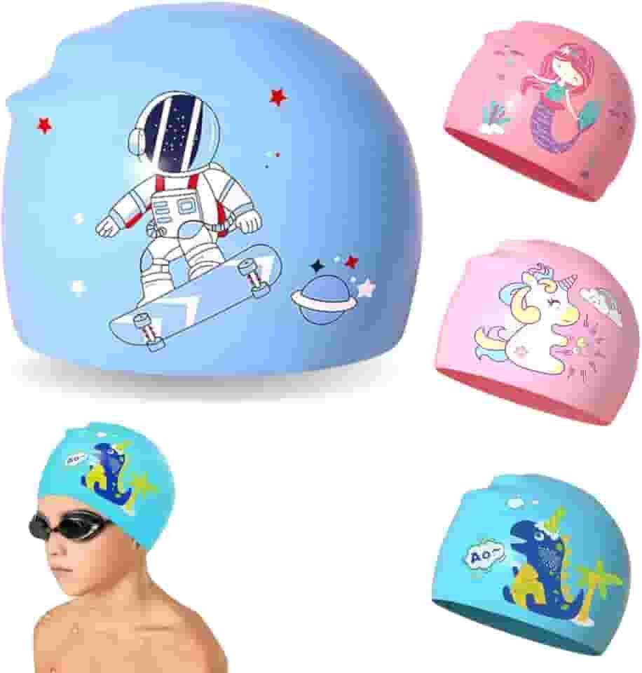 Touca de Natação Infantil em Silicone, Impermeável, Desenhos Divertidos, Rosa e Azul