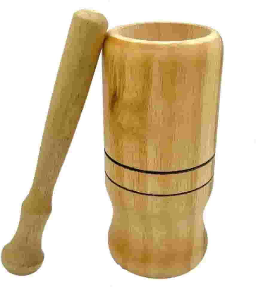 Pilão de Madeira Natural com Socador Amassador Manual para Temperos Ervas 12 cm