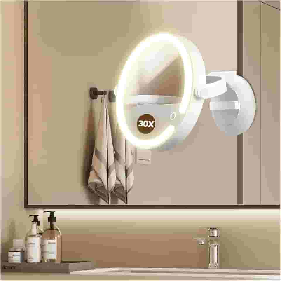 Espelho de aumento com luz 30X, espelho de banheiro de LED com 3 modos de iluminação, espelhos de maquiagem montados na parede com rotação de 30x/1x nos dois lados, espelhos recarregáveis com