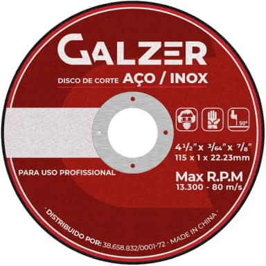 Disco de corte para Aço e Aço Inox 4 1/2' 115 x 1 x 22,23mm - Galzer