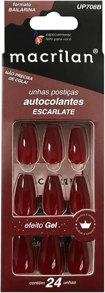 Macrilan Unhas Postiças Formato Bailarina Com Adesivo - Escarlate - Plástico Abs Up708B -