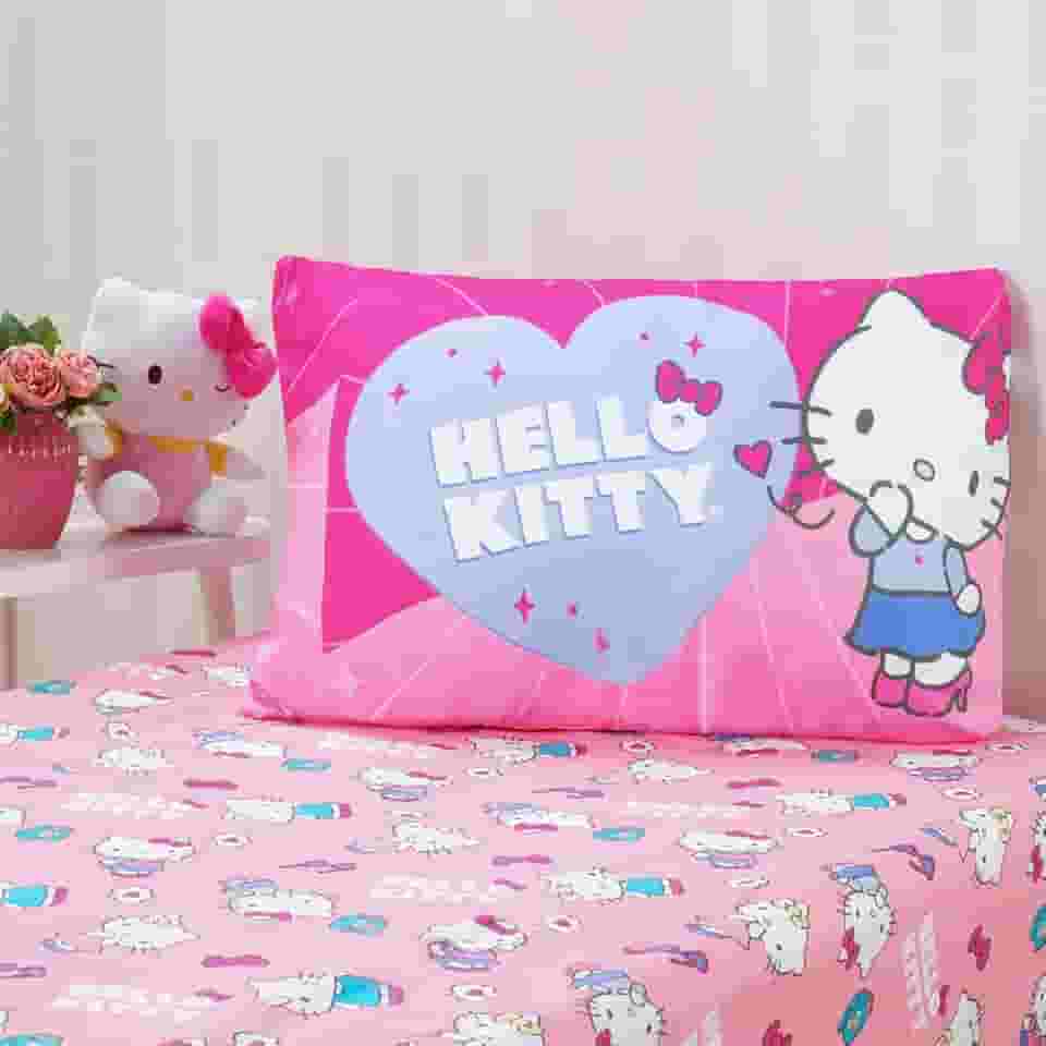 Jogo de Cama Solteiro Infantil Lençol Menina Hello Kitty 2 Peças Estampado Personagens - Com Elástico (Hello Kitty Escuro)