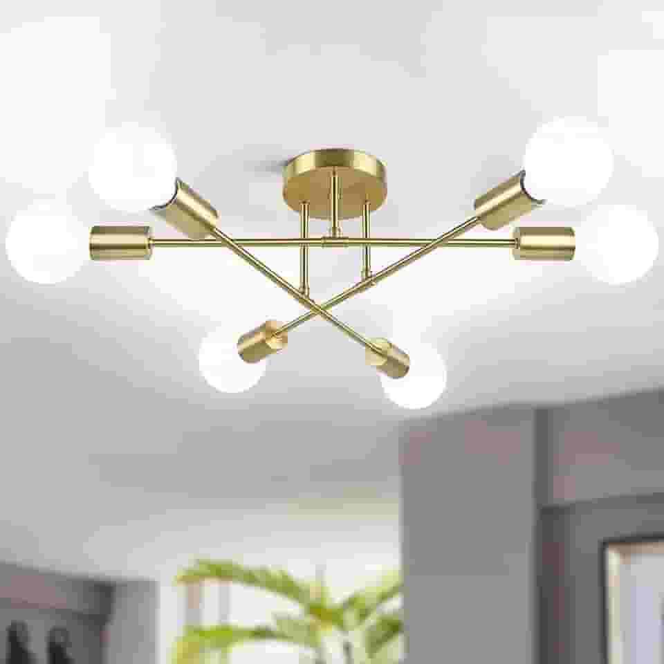 Lustre Pendente Moderno para 6 Lâmpadas E27 – Hastes Longas de Ferro – Design Minimalista para Sala de Estar, Ambientes Criativos e Comerciais – Não Acompanha Lâmpadas (Dourado)