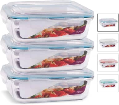 KIT 3 Potes de Vidro Retangular com Tampa Hermética 1520ml Cor:Azul (QH)