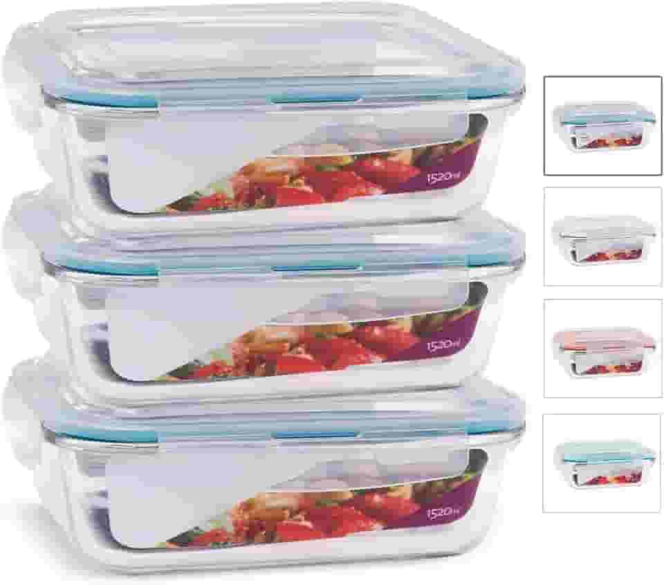 KIT 3 Potes de Vidro Retangular com Tampa Hermética 1520ml Cor:Azul (QH)