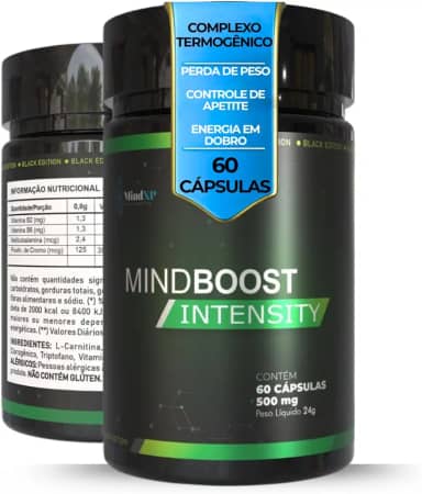 Termogênico Cafeína em Capsúla MINDBOOST INTENSITY BLACK EDITION 60 Cápsulas LARANJA MORO CAFEÍNA PICOLINATO DE CROMO L-CARNITINA TRIPTOFANO VITAMINAS B2 E B6