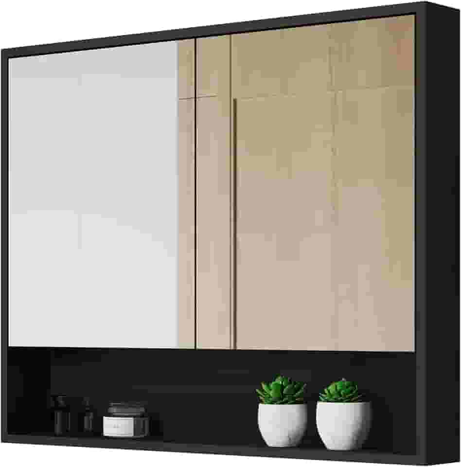 Armário De Banheiro Aéreo Espelheira Eros 2 Portas Preto