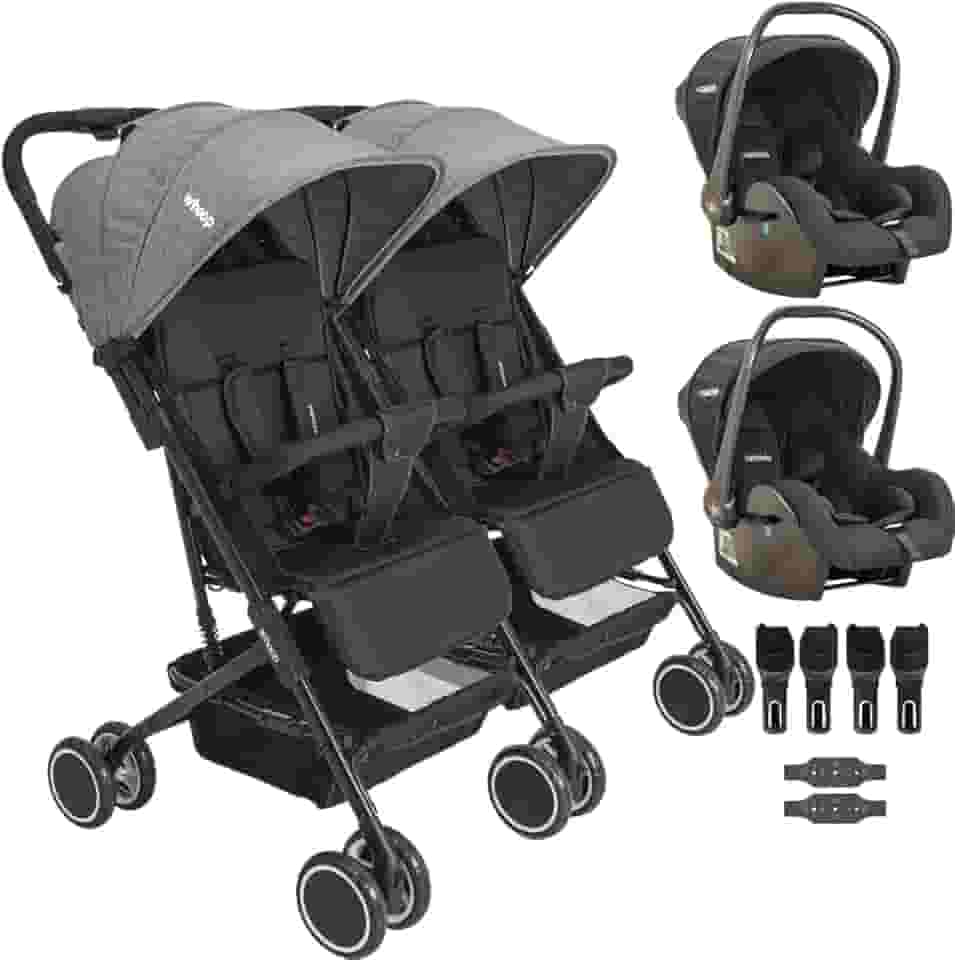 Carrinho Kiddo para Gemeos com 2 Bebe Conforto Mascote Grafite