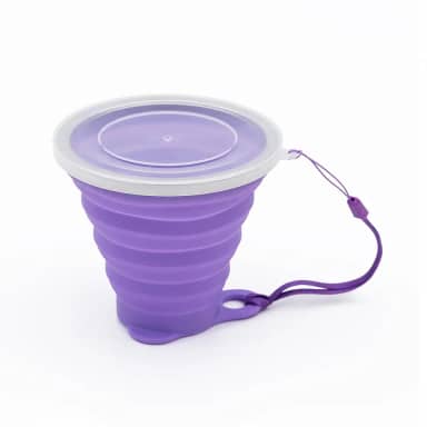 Copo Silicone Dobrável Retrátil Borda de Inox Com Tampa 270ml Ecológico Reutilizável Fino Bolso (Roxo)