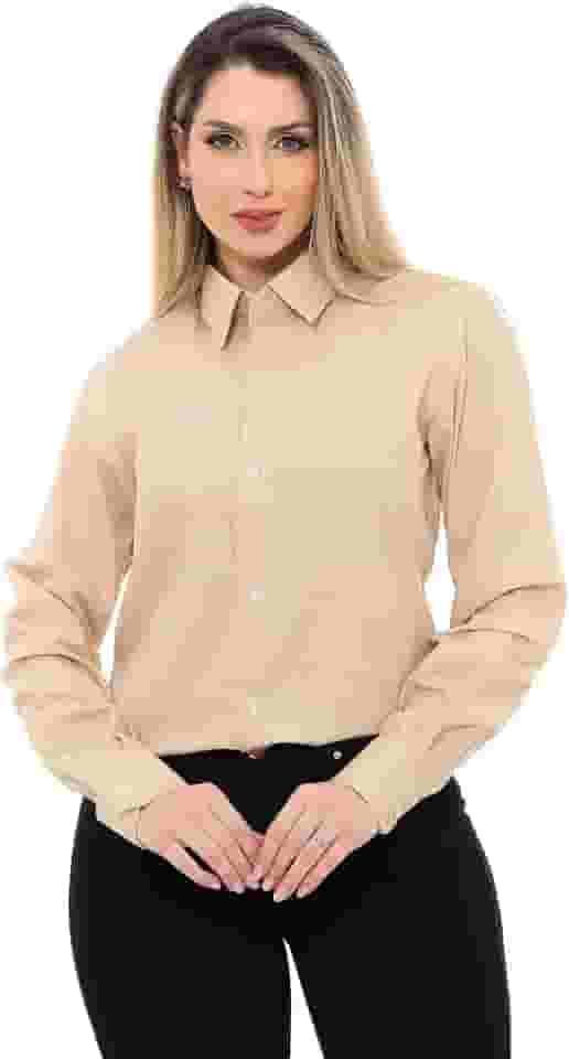 Camisa Social Feminina Premium Tipo Linho Executiva Estruturada Manga Longa
