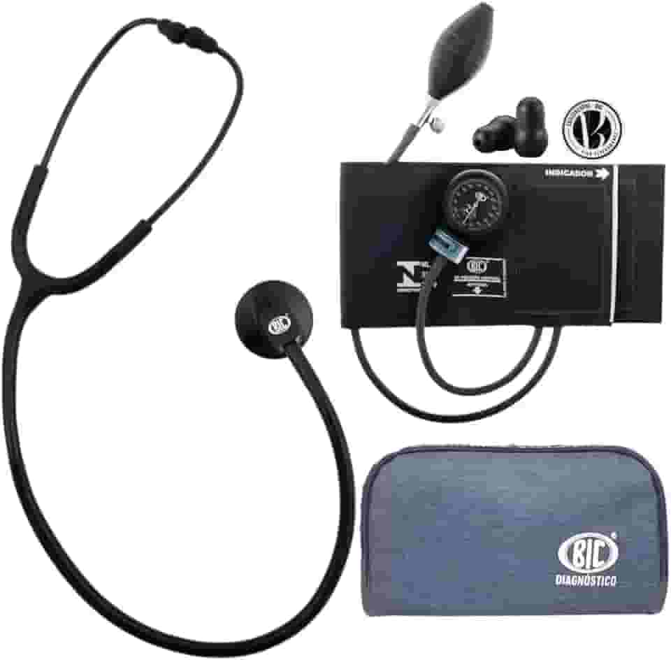 Kit Enfermagem Acadêmico Preto Bic Estetoscópio Unisson Standard + Esfigmomanômetro Aparelho de Pressão Fecho de Contato