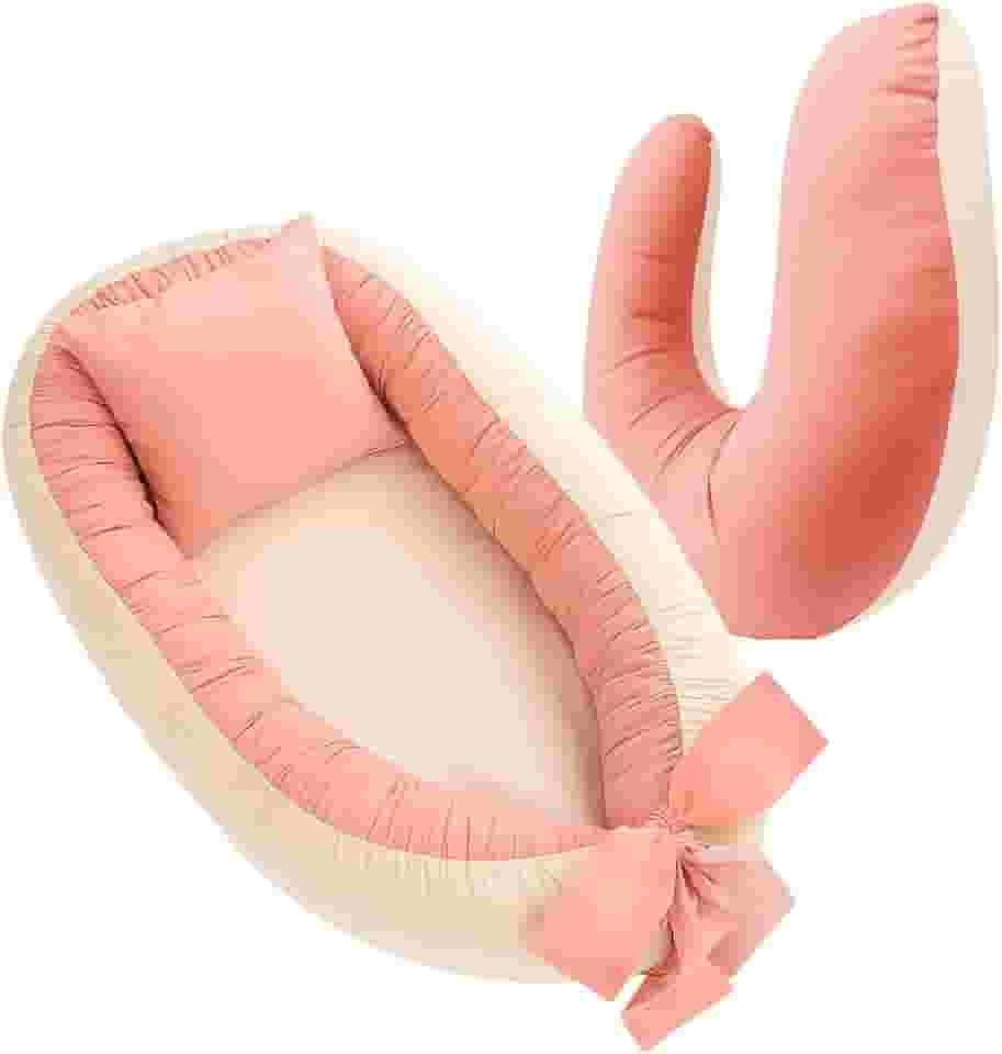 Kit Ninho Redutor de Berço e Almofada Amamentação Percal 400 Fios Cores Lisas (Rose com Palha)