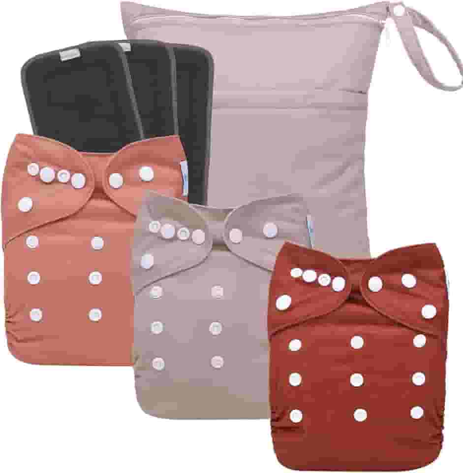 babygoal Fraldas de pano de carvão reutilizáveis com reforços duplos, pacote com 3 fraldas laváveis para bebês com 3 peças de inserções de carvão e bolsa seca úmida (vermelho, marrom, rosa de pêssego)