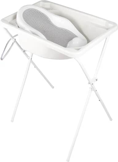 Kit banho - Banheira branca 34L com suporte alto + rede cinza redutor de banheira