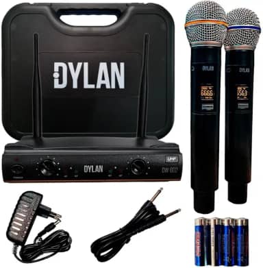 Microfone Sem Fio Profissional Duplo de Mão 26 Canais UHF Dylan Dw-602 Max Cor Preto P/Igreja, Palestra, Show, Reuniao