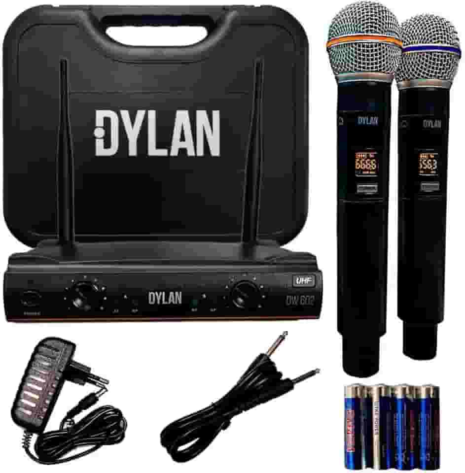 Microfone Sem Fio Profissional Duplo de Mão 26 Canais UHF Dylan Dw-602 Max Cor Preto P/Igreja, Palestra, Show, Reuniao