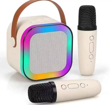 Kit Karaokê Portátil com Caixa de Som LED Colorida, 2 Microfones Sem Fio, Alça de Transporte