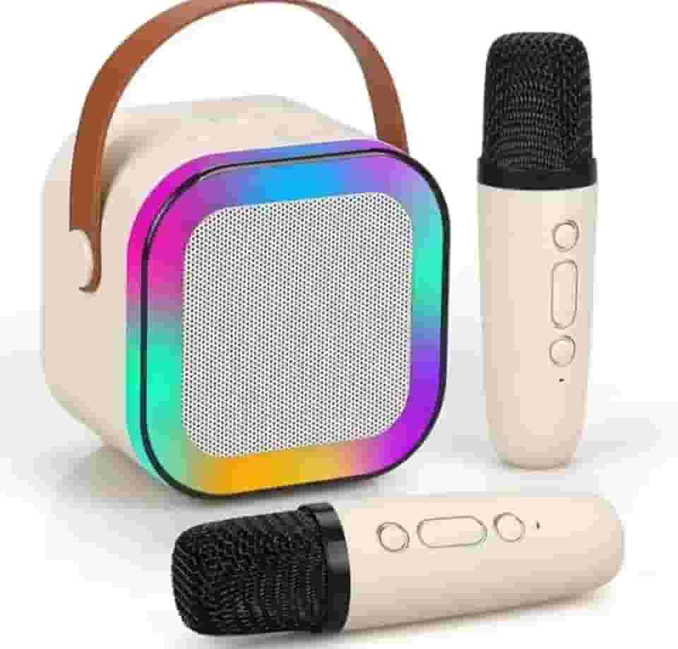 Kit Karaokê Portátil com Caixa de Som LED Colorida, 2 Microfones Sem Fio, Alça de Transporte