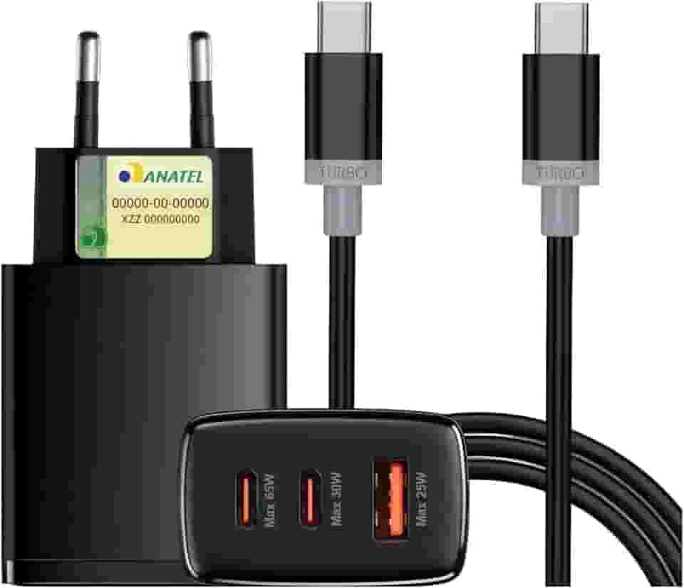 Carregador Turbo 65W com 3 Entradas (2 USB-C Turbo de 65W, 30W e 1 USB-A de 25W) + Cabo USB-C de 1m – Carregamento Rápido, Compatível com iOS, Android, Tablets e Todos os Dispositivos com USB Tipo-C